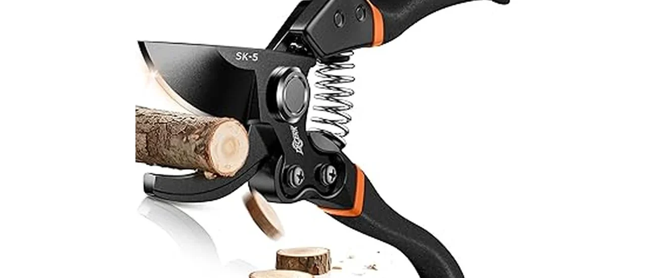 The image shows a selection of ten robust, heavy-duty garden pruners ready for use.