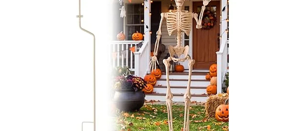 The image shows a spooky skeleton decoration in a yard, part of the Most Popular 10 Outdoor Skeleton Decorations for Halloween.