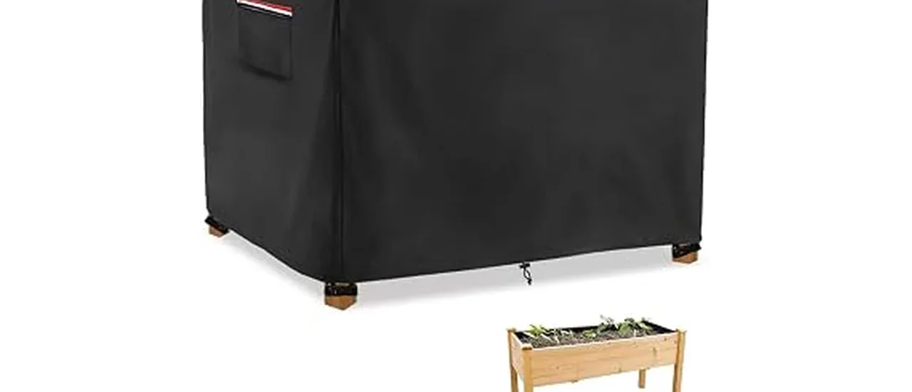 The image shows a raised garden bed covered with a protective winter cover, ideal for keeping plants safe.
