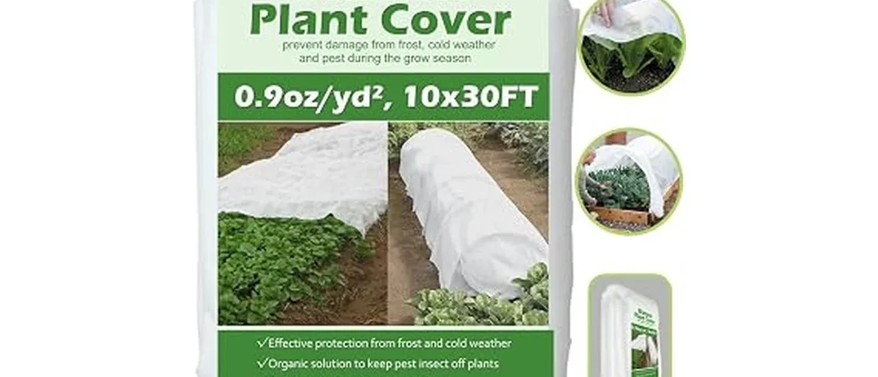 The image shows a variety of garden row covers offering frost protection for plants.