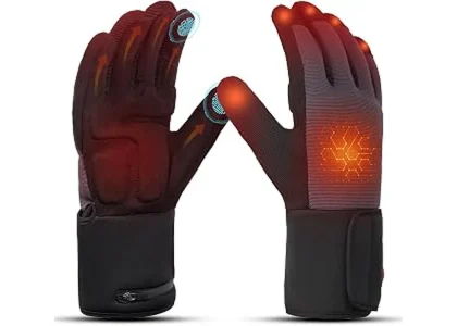 The image shows a hand wearing a featured heated work glove, ideal for cold farm tasks.