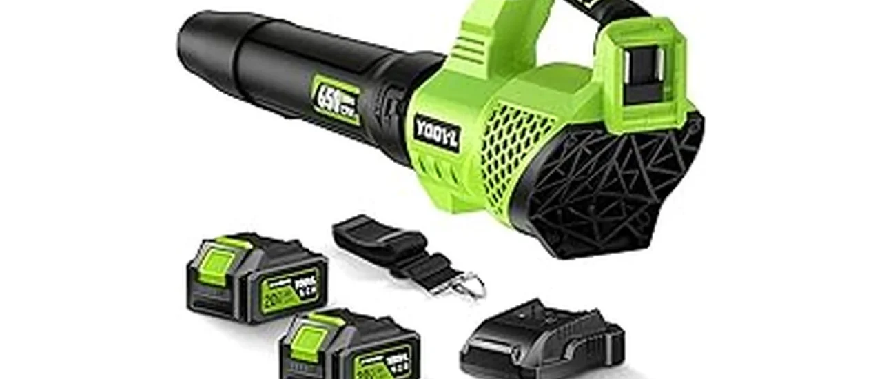 The image shows a powerful leaf blower effortlessly clearing a large, leafy yard, perfect for the top 10 for large yards.