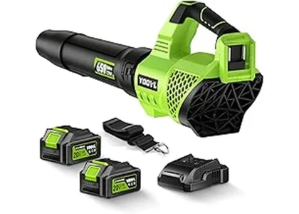 The image shows a powerful leaf blower effortlessly clearing a large, leafy yard, perfect for the top 10 for large yards.