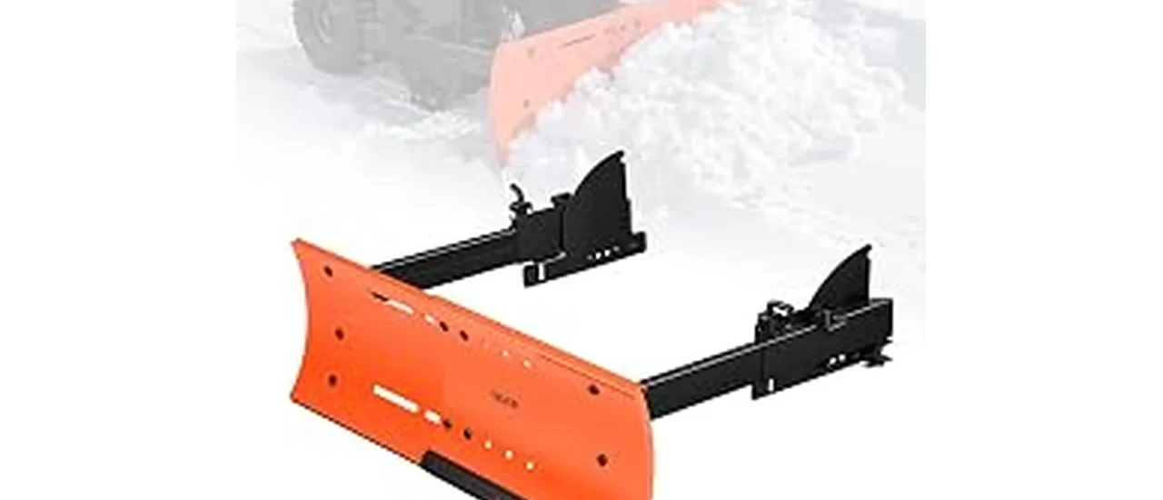The image shows a riding lawn mower equipped with a snow blower attachment, ready for winter cleanup.