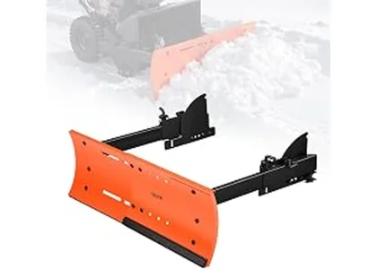 The image shows a riding lawn mower equipped with a snow blower attachment, ready for winter cleanup.