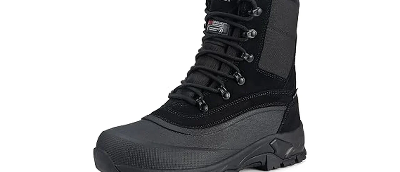 The image shows three durable, waterproof winter work boots for men ready for cold, wet conditions.
