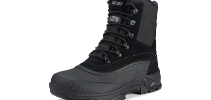 The image shows three durable, waterproof winter work boots for men ready for cold, wet conditions.