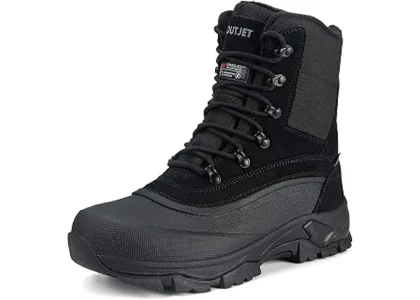 The image shows three durable, waterproof winter work boots for men ready for cold, wet conditions.