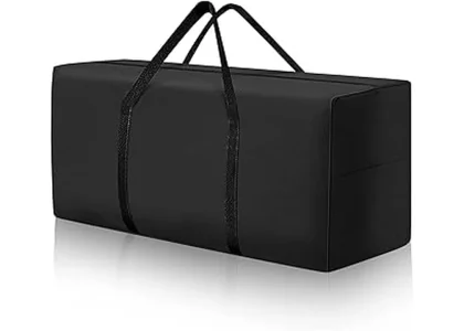 The image shows a durable, waterproof patio cushion storage bag protecting furniture cushions from the elements.