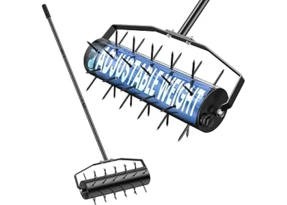 The image shows a person using a powerful lawn aerator, a top-rated rental option.