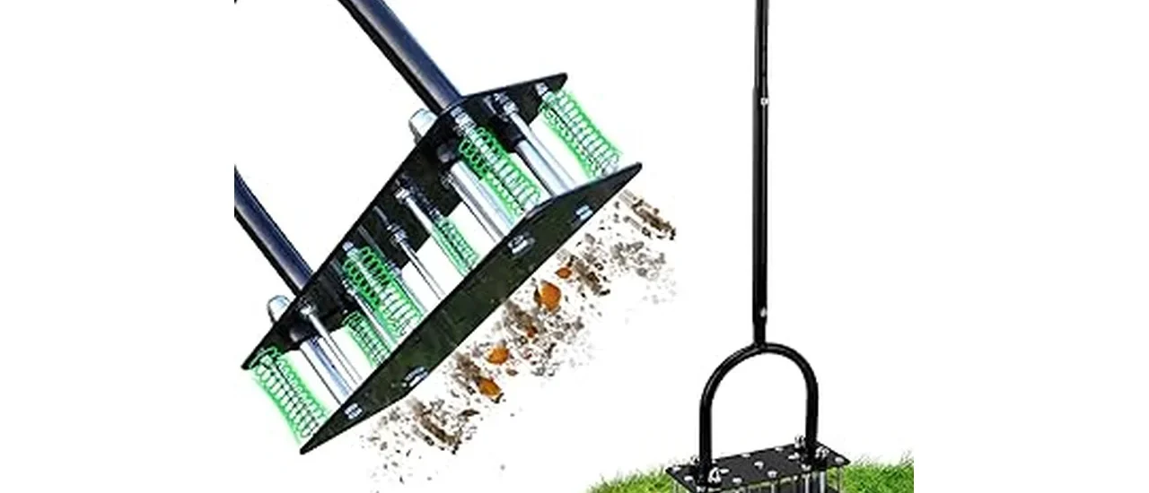 The image shows a person using a highly-rated lawn aerator to improve a large yard's soil.