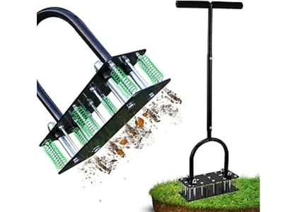 The image shows a person using a highly-rated lawn aerator to improve a large yard's soil.