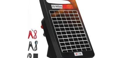The image shows a variety of solar-powered fence chargers, ideal for keeping livestock safe during winter.