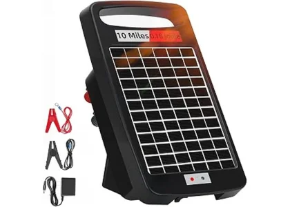The image shows a variety of solar-powered fence chargers, ideal for keeping livestock safe during winter.