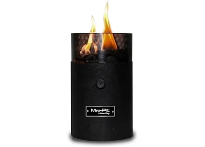 The image shows seven stylish tabletop propane fire bowls for outdoor gatherings.
