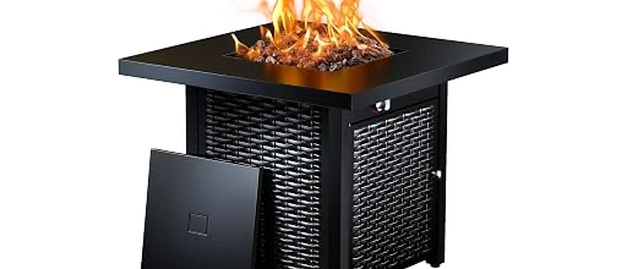 The image shows a sleek propane fire pit table, a top-rated choice for outdoor ambiance.