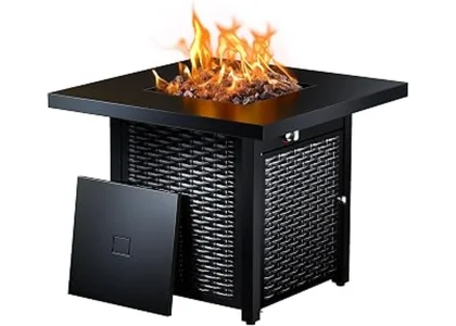 The image shows a sleek propane fire pit table, a top-rated choice for outdoor ambiance.